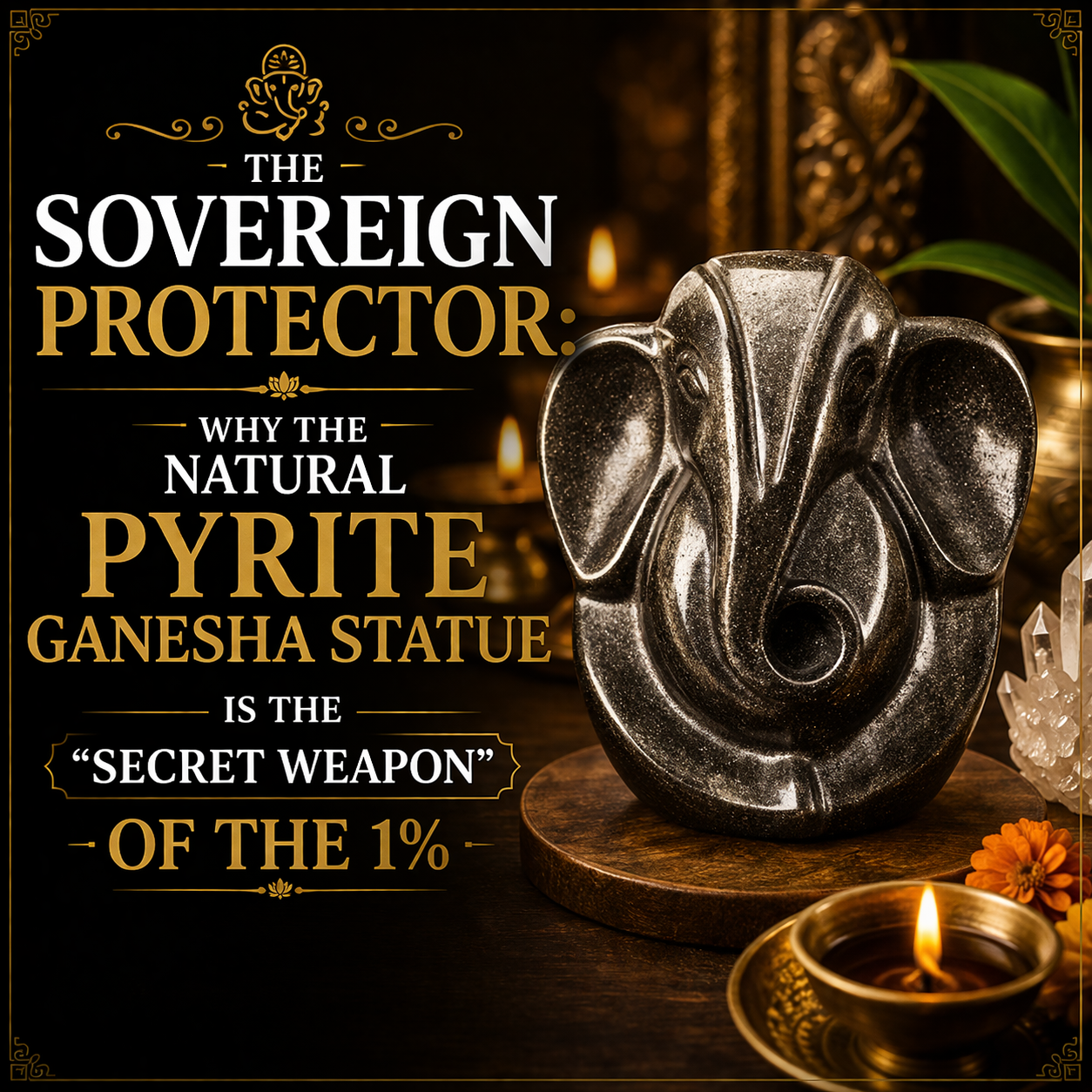 Natural pyrite Ganesha statue for wealth attraction, vastu protection, positive energy, success, abundance, and obstacle removal.