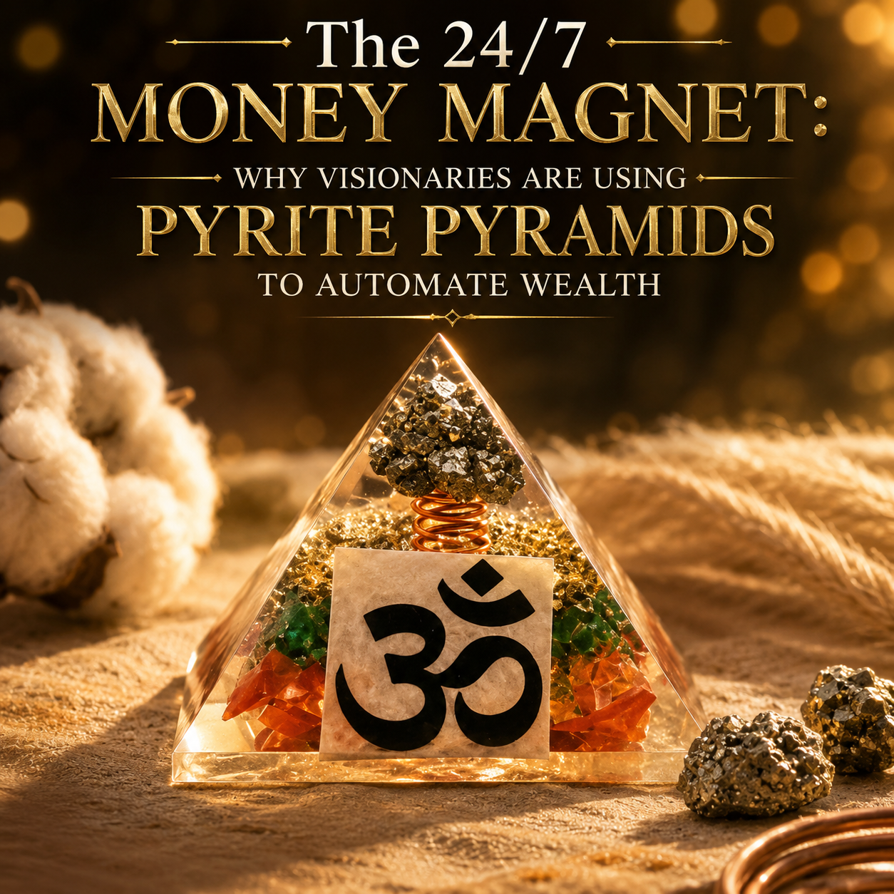 Pyrite orgone pyramid with Om symbol designed for wealth attraction, abundance, financial growth, energy protection, and prosperity manifestation.