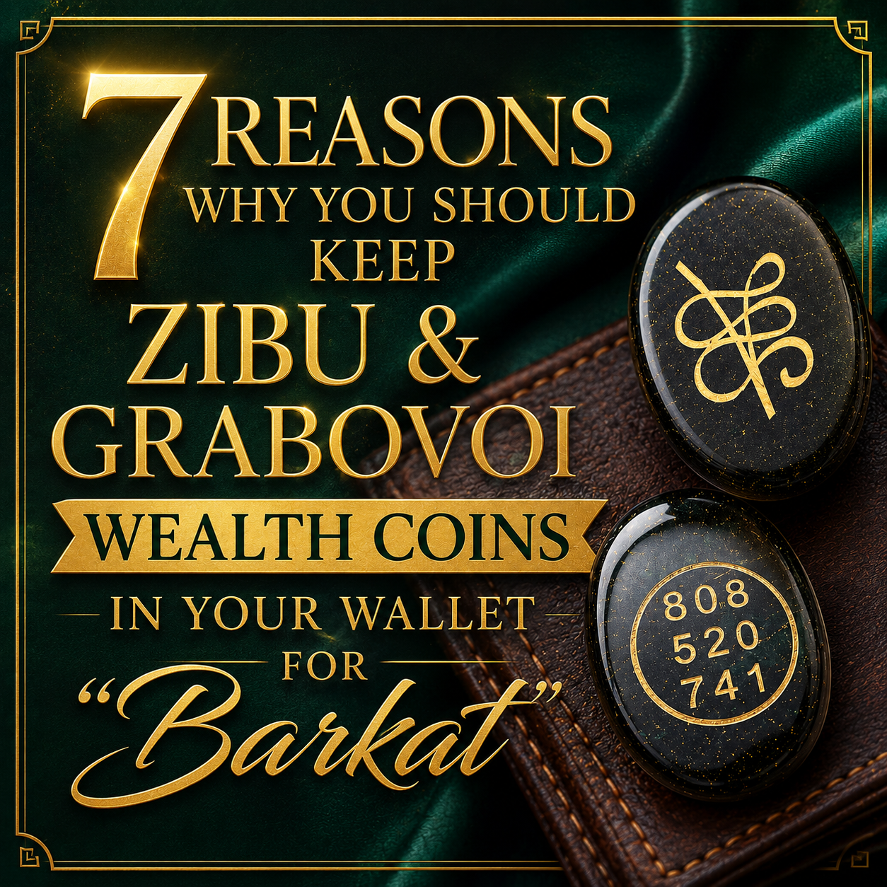 Premium Zibu and Grabovoi wealth coins placed on a wallet symbolizing money attraction, prosperity, abundance, and financial protection for Barkat.