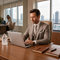 Professional man in a beige suit working in a luxury corporate office with a clear quartz crystal on his desk for career clarity and success