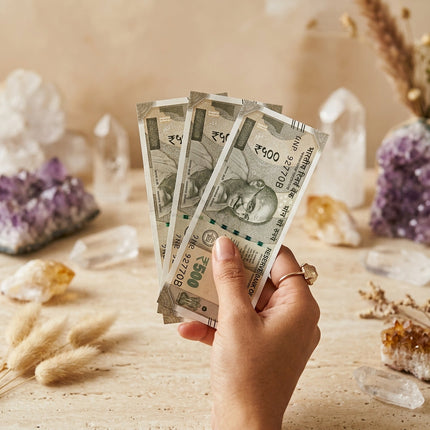Hand holding money surrounded by crystals symbolizing abundance, wealth manifestation, and financial energy healing