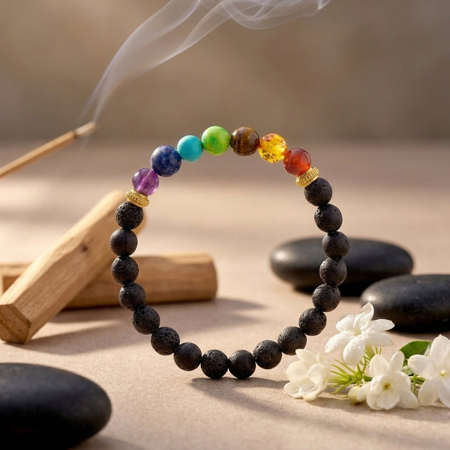 Natural 7 chakra lava stone bracelet designed to promote balance, energy healing, and overall well-being
