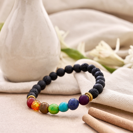 Lava stone 7 chakra bracelet ideal as a meditation accessory for healing, grounding, and inner peace
