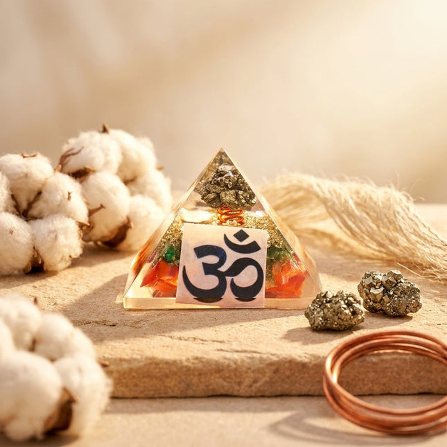 Natural Pyrite OM money magnet orgone pyramid designed to attract wealth, financial success, and positive energy into your space