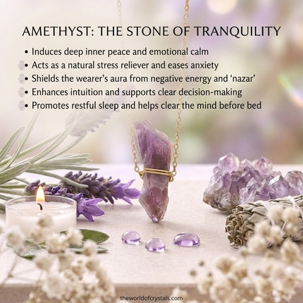 An infographic titled "Amethyst: The Stone of Tranquility" listing benefits: induces emotional calm, acts as a natural stress reliever, shields against negative energy, and enhances intuition.