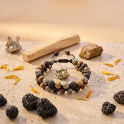A unisex triple protection bead bracelet showing the polished finish of the authentic healing stones.