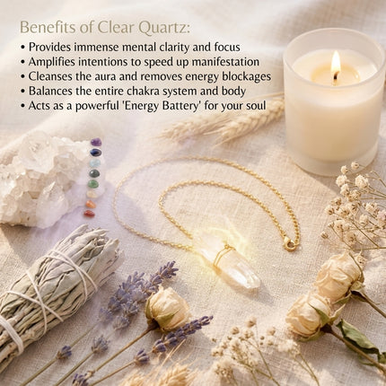 n infographic listing the benefits of Clear Quartz, including providing mental clarity, amplifying intentions for manifestation, and balancing the chakra system