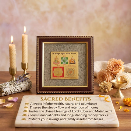 Infographic listing the benefits of the Kuber Laxmi Yantra: attracts infinite wealth and luxury, ensures steady money flow, and clears financial debts