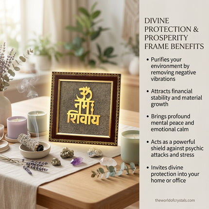 Infographic listing the benefits of the Pyrite dust frame: purifies environment, attracts financial stability, brings mental peace, and acts as a shield against stress.