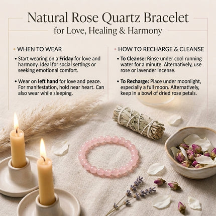 Instructional guide for the Rose Quartz bracelet detailing how to wear it on the left hand for peace and how to recharge it under moonlight