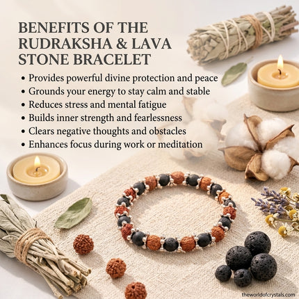 An infographic listing the benefits of the Rudraksha and Lava Stone bracelet, including divine protection, stress reduction, and inner strength
