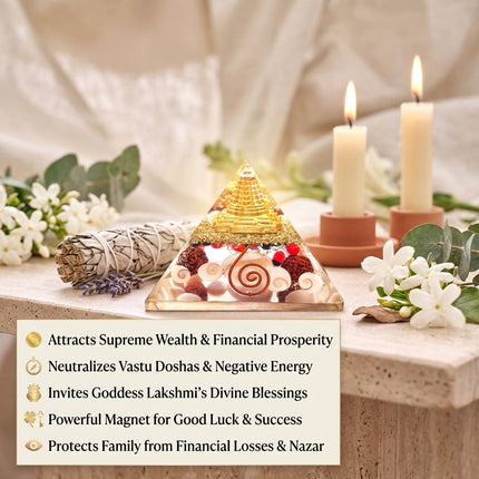 List of benefits for the Shree Yantra Pyramid including attracting supreme wealth, neutralizing Vastu Doshas, and inviting Goddess Lakshmi’s blessings