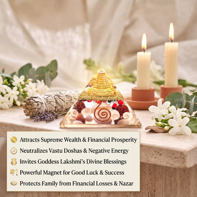 List of benefits for the Shree Yantra Pyramid including attracting supreme wealth, neutralizing Vastu Doshas, and inviting Goddess Lakshmi’s blessings