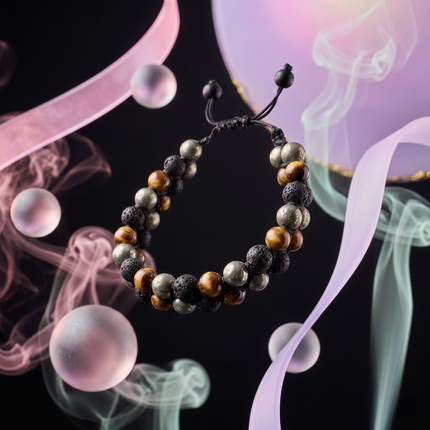 Close-up of the durable stretch cord and high-quality round beads of the triple protection shielding bracelet.