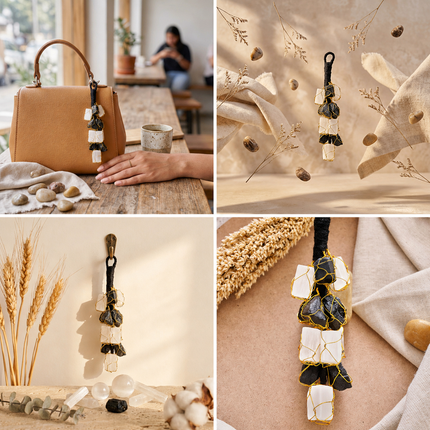 A collage showing the Black Tourmaline and Selenite "Gatekeeper" used as a protective handbag charm, a wall hanging, and a decorative protection piece
