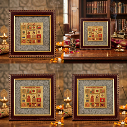 A lifestyle collage showing the Vyapaar Vruddhi Yantra frame placed in professional settings, including an office desk and a bookshelf, to attract success and sales