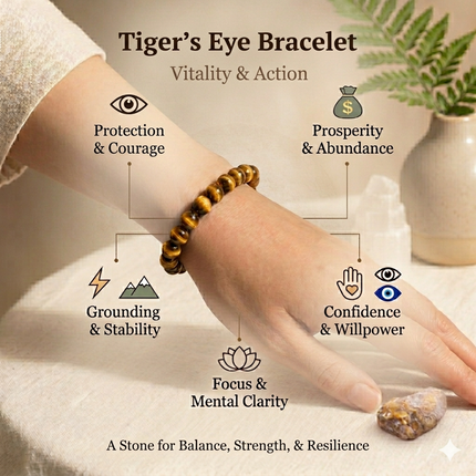 Close-up detail of the durable elastic cord and smooth round beads of the natural tiger eye bracelet.