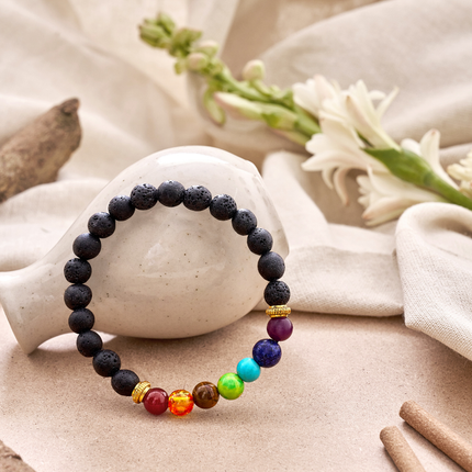 Natural lava stone chakra bracelet suitable for yoga, spiritual balance, and emotional stability