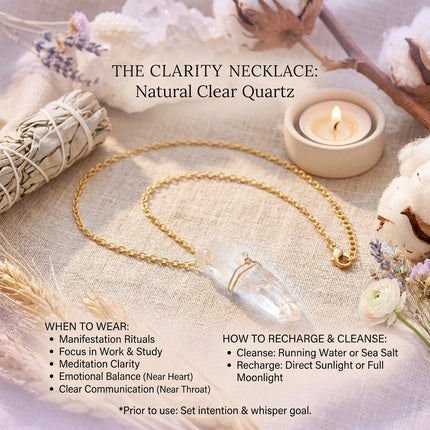 Instructional guide for the Clarity Necklace detailing when to wear it for manifestation rituals and how to recharge it under direct sunlight or full moonlight