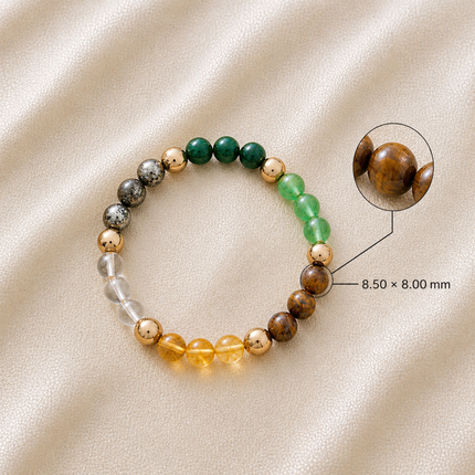 Technical close-up of the Dhan Yog bracelet beads showing 8.50x8.00 mm with clear crystal spacers.