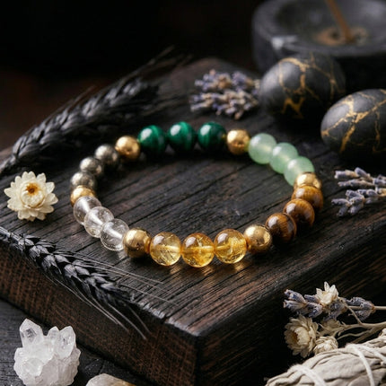 Closeup of Dhan Yog bracelet showing bead details for wealth energy and abundance attraction