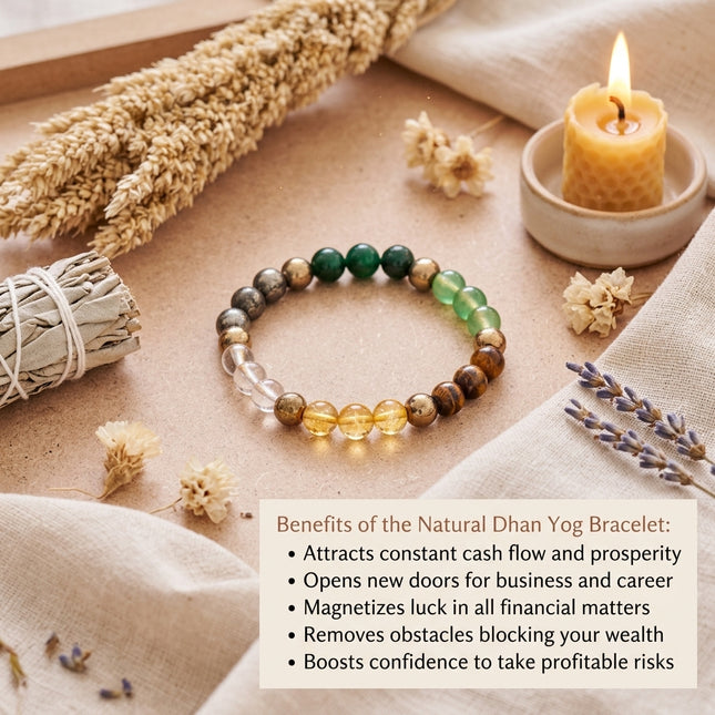 The Dhan Yog financial prosperity bracelet displayed on a premium white gift pouch, ideal for gifting to business owners and professionals.