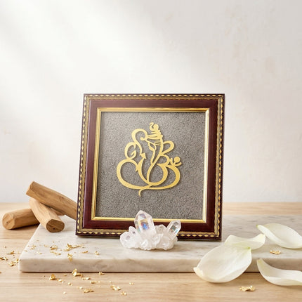 Close-up of the sparkling pyrite dust detailing on a Ganesha wooden frame, perfect for a housewarming spiritual gift.