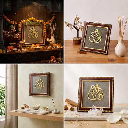 A collage showing the Ganesha Pyrite Dust frame in a traditional home temple with marigold garlands and a modern minimalist office setting for Vastu protection.