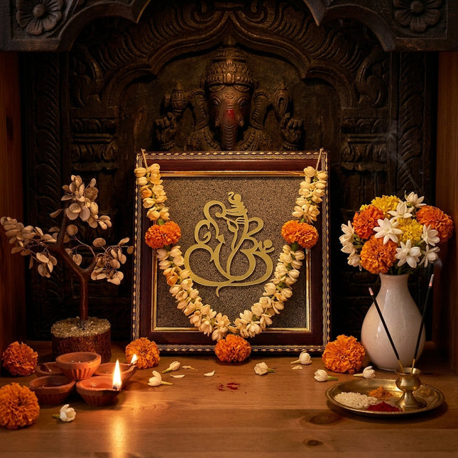 Sacred Ganesha wall decor with shimmering pyrite dust used as a Vastu remedy for home protection.