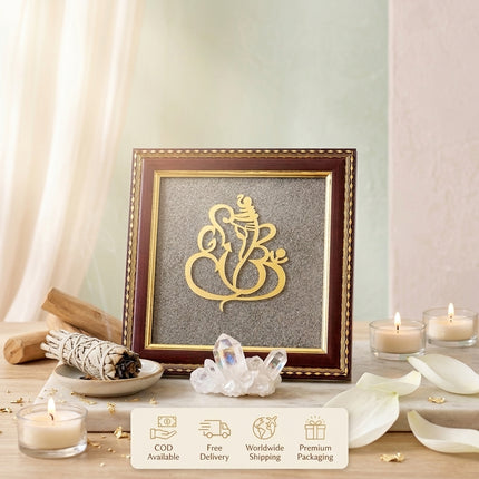 Product overview of the Ganesha luck frame with service icons for COD available, Free Delivery, Worldwide Shipping, and Premium Packaging.