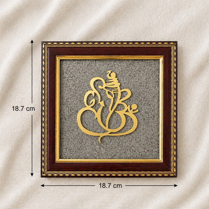 Technical view of the square Ganesha wooden frame showing precise measurements of 18.7 cm by 18.7 cm with a premium dark wood finish.