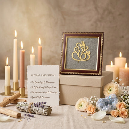 Ganesha Pyrite frame presented on a high-quality gift box, highlighted as an ideal gift for housewarmings, milestones, and special life occasions.