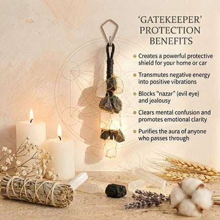 Infographic listing the benefits of the Gatekeeper crystal hanging, including creating a protective shield, transmuting negative energy, and blocking "nazar" or the evil eye