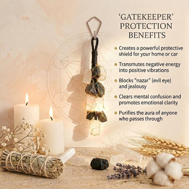Infographic listing the benefits of the Gatekeeper crystal hanging, including creating a protective shield, transmuting negative energy, and blocking "nazar" or the evil eye