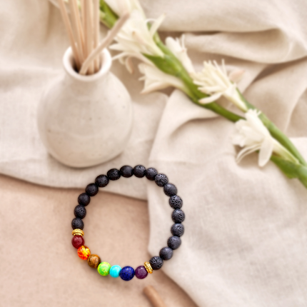 7 chakra healing bracelet made with lava stone, ideal for aromatherapy and enhancing emotional harmony