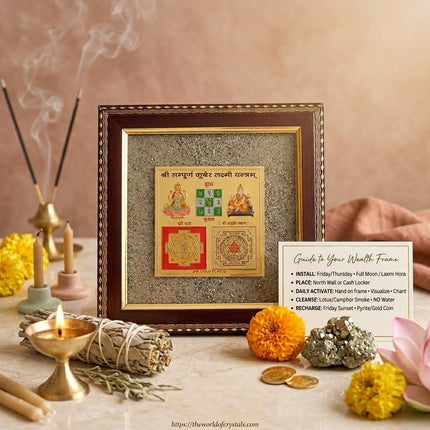 Instructional guide for the wealth frame detailing installation on Fridays, placement in a cash locker or north wall, and cleansing with camphor smoke