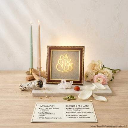 Instructional guide for the Ganesha frame recommending installation on Wednesday mornings at the entrance or office desk, and cleansing with sandalwood smoke.