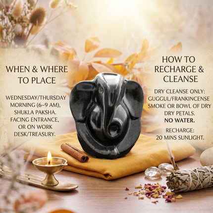 Close-up lifestyle shot showing the intricate carving and golden metallic luster of the Natural Pyrite Ganesha statue, placed on a wooden surface for home decor.