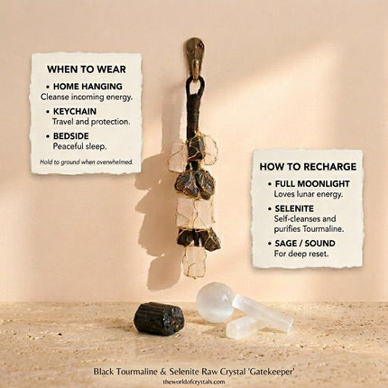 Instructional guide for the Gatekeeper crystal detailing when to use it (home hanging, keychain, or bedside) and how to recharge it under a full moon or with sage