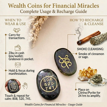 Detailed guide explaining how to wear Zibu coins in a wallet and recharge them using smoke cleansing or placing them on Citrine and Pyrite crystals
