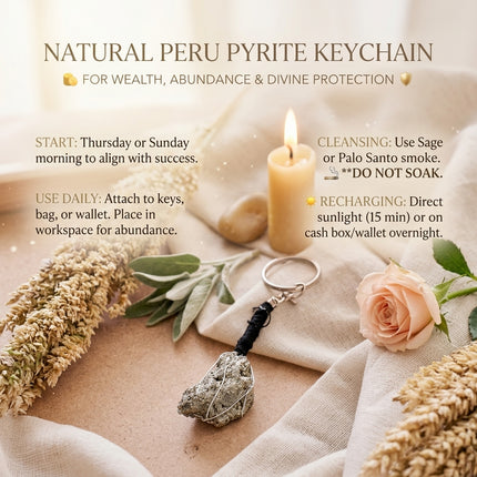 Instructional guide for the Natural Peru Pyrite Keychain showing how to align with success on Thursdays or Sundays and how to recharge the crystal in direct sunlight