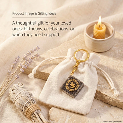 Instructional guide detailing how to use the Pyrite OM keychain on house keys, office bags, or car keys to manifest financial growth and protection.