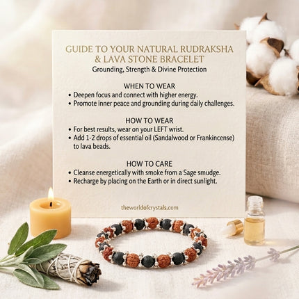 An instructional guide for the Rudraksha bracelet detailing how to wear it on the left wrist and cleanse it with sage smoke