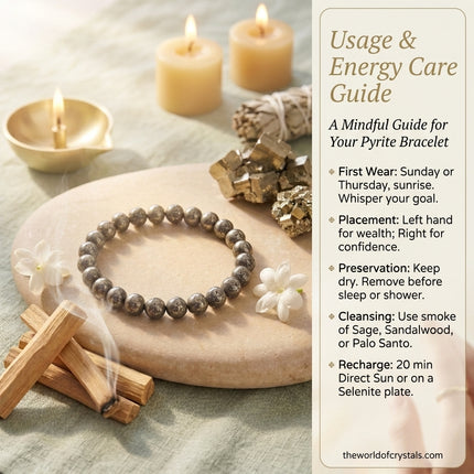 Instructional guide for the Pyrite bracelet detailing how to wear it on the left hand for receiving energy and how to recharge it with sunlight or sage smoke