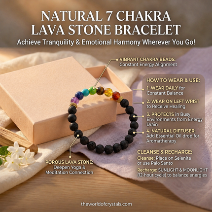 Detailed guide for the porous lava stone bracelet explaining how to use it as a natural aromatherapy diffuser with essential oils.