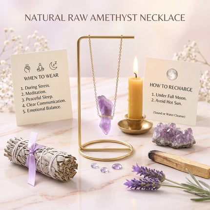 A guide for the Amethyst necklace detailing when to wear it (stress, meditation, or peaceful sleep) and how to recharge it under a full moon or via sound cleansing.