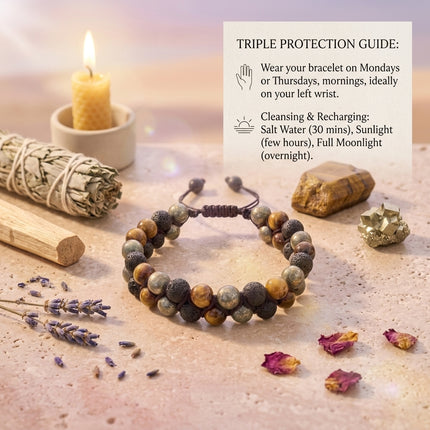 Instructional guide for the Triple Protection Bracelet detailing how to wear it on the left hand to receive protection and how to recharge it with sage or moonlight
