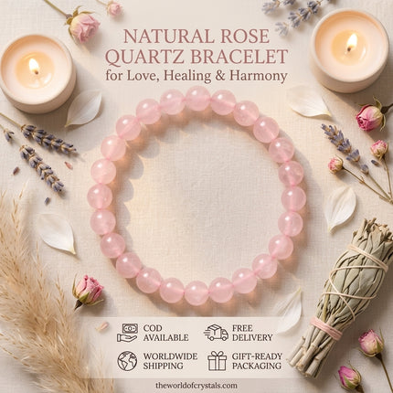 Product overview of the Natural Rose Quartz bracelet with icons for Cash on Delivery, Free Delivery, Worldwide Shipping, and Gift-Ready Packaging