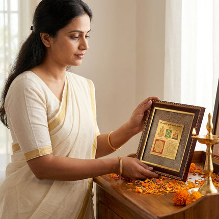 The Sampurna Kuber Laxmi Yantra pyrite frame presented as a premium spiritual gift for business owners and homes.