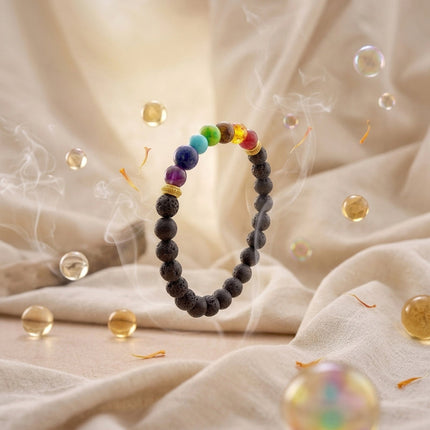 Closeup of 7 chakra lava stone bracelet highlighting colorful beads and natural stone texture for energy healing